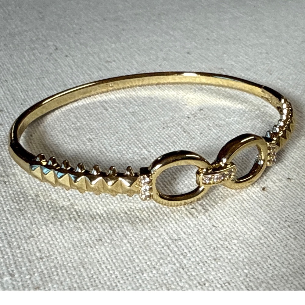 Gold Tone Pyramid Stud Crystal Double Oval Link Hinged Bangle‎ Bracelet 6 Inch